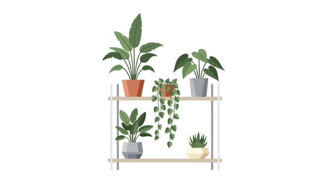 Collection of Potted Indoor Houseplants on Minimalist Wooden Shelf Illustration for Modern Interior Home Decor