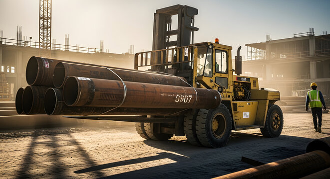 Heavy-duty forklift transporting large metal pipes on a construction site during daytime with a worker observing