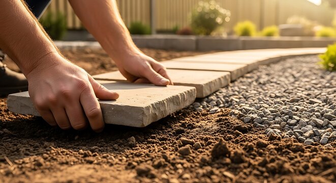 Hands laying paving stone pathway outdoors.