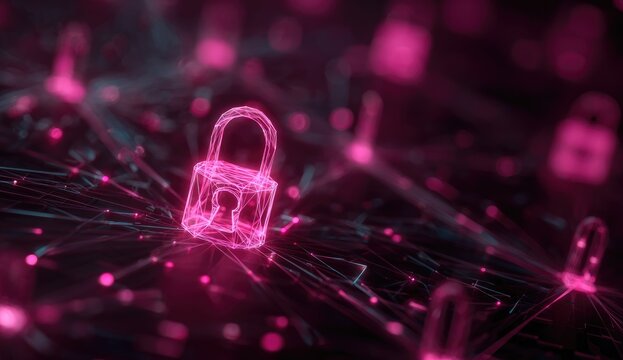 Digital network of glowing pink locks and nodes on a dark background