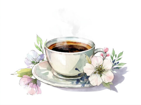 Artistic Coffee Cup with Floral Watercolor Illustration. AI generative.