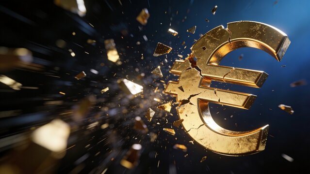A gold Euro symbol shatters into pieces in a modern dimly lit room.