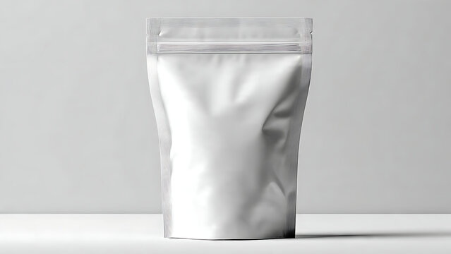 A plain white stand-up pouch with a resealable zipper closure, presented against a neutral, minimalist background.