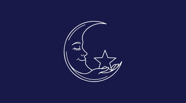 Minimalist line art illustration of a moon face holding a star.