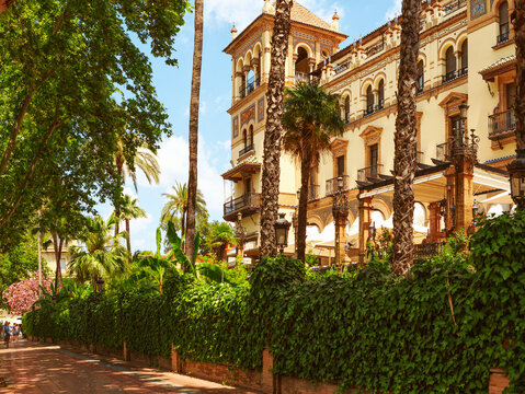 Picturesque view of a street in the historic center of Seville, Spain. Toned image