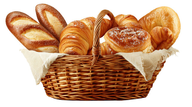 Shopping basket filled with bakery goods like baguette and croissants, realistic style, background isolated on a Transparent background, PNG file.