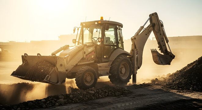 Powerful backhoe loader operates at a dusty construction site during golden hour, digging earth and symbolizing industrial progress and development, against a dramatic, warm sky