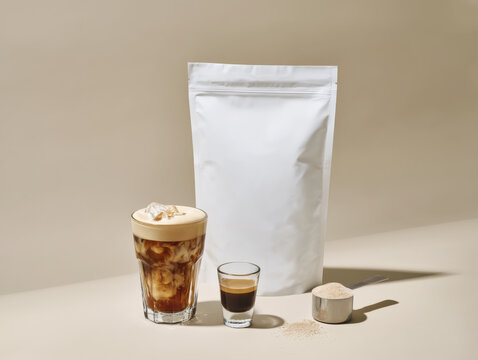 Protein coffee powder mockup with iced beverage and espresso shot, promoting healthy energy and customizable drinks.