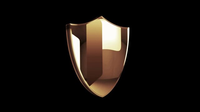 Cyber security shield golden metal shine rotating symbol concept. Glowing and reflection light icon abstract. Seamless looped rotate 3d animation.