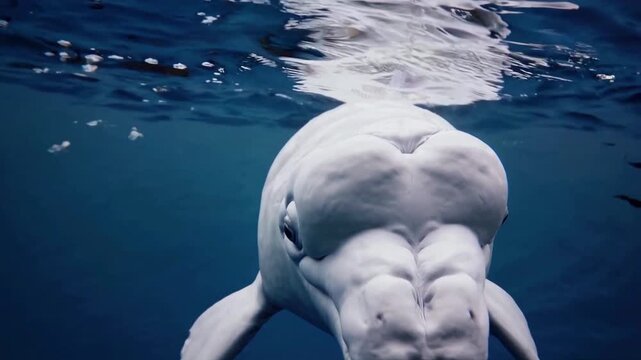 Close-up beluga whale underwater face approaching camera, gentle eye contact and pectoral fins extended, rippling surface reflections, deep blue arctic water, soft natural light, calm playful mood