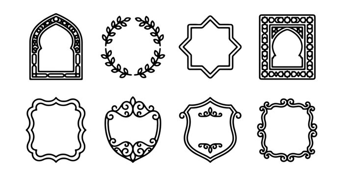 Collection of various ornate frame and border designs in black lines