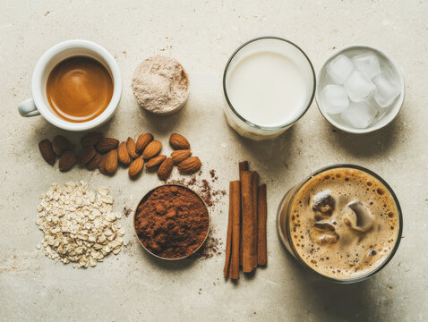 Homemade protein coffee ingredients laid out with finished iced beverage, emphasizing natural and healthy components.