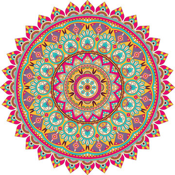 Vibrant mandala pattern. Colorful vintage ornament and intricate vector design. Decorative elements, Festival, Indian, Turkish, Pakistan, ottoman motifs. Circular design for print, fabric, textile.