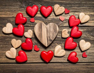 Obraz premium A romantic Valentine's Day decoration featuring red and pink heart symbols on a rustic wooden background with a sweet gift and rose flower for a holiday celebration of love