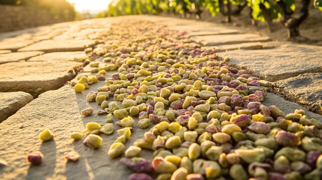 pomace. Dried grape pomace fragments scattered on sunlit stone slabs. menu design, packaging mockups, designed for culinary blogs and recipe cards for restaurants, used by videographers.