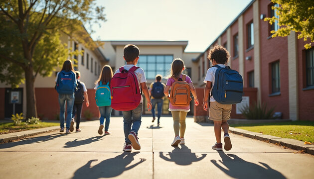 Group of students walking away from school under bright sky, school year end