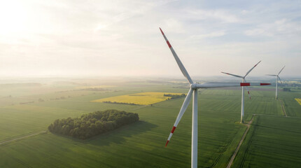 Fototapeta premium Renewable energy wind turbines in green landscape, aerial view of wind farm at sunrise, sustainable power generation in rural countryside