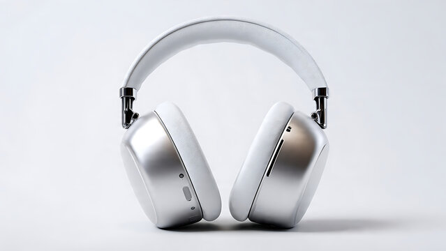 A pair of silver Apple AirPods Max headphones are displayed against a clean white background, showcasing their premium design and modern aesthetic.