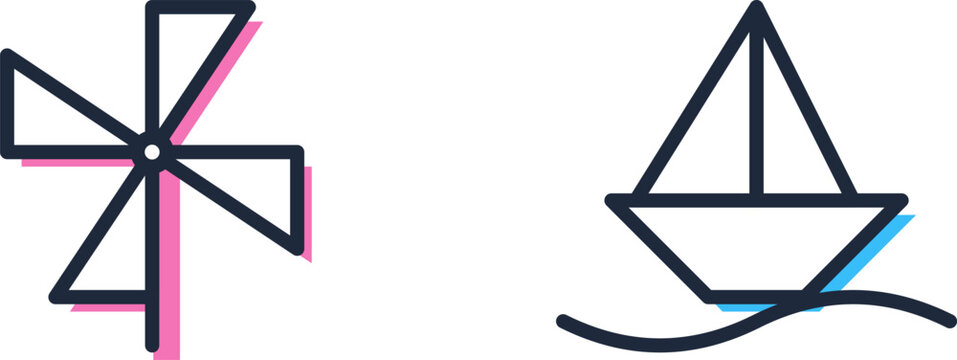 Minimalist line art featuring pinwheel toy and a paper boat floating on sea waves illustration