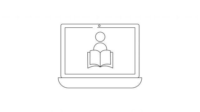 Simple Line Drawing of Laptop Displaying Person Reading Book Online.