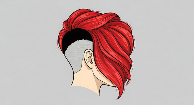 Illustration of a vibrant red undercut hairstyle with shaved sides and voluminous waves on top.