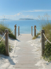 Naklejka premium narrow seaside boardwalk with soft foam bands and wooden boardwalk, rope posts, and far island glow, seaside bestseller decor
