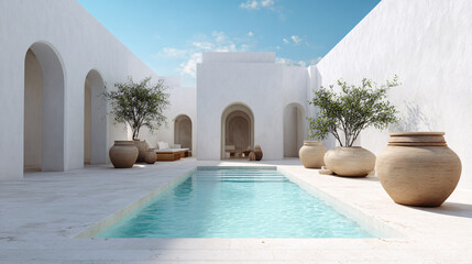Obraz premium Minimalist white villa courtyard with swimming pool, featuring arched architecture and terracotta pots Luxury Mediterranean home exterior design, summer vacation resort atmosphere, serene travel conce