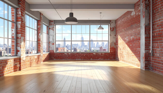Spacious Loft Apartment with City View and Exposed Brick Walls.
