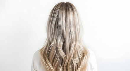 Naklejka premium Back view of a woman with long, wavy blonde hair styled with subtle highlights against a plain white background.
