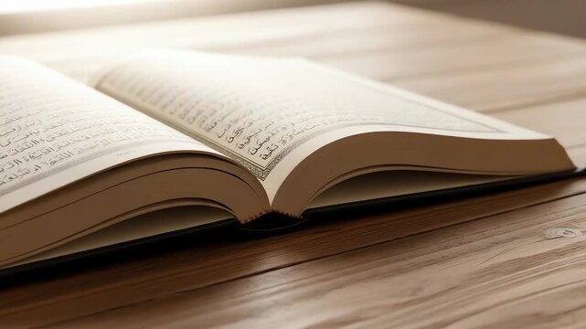 An open holy book, resembling the Quran, rests on a wooden surface, revealing its pages filled with elegant Arabic script under soft ambient light.