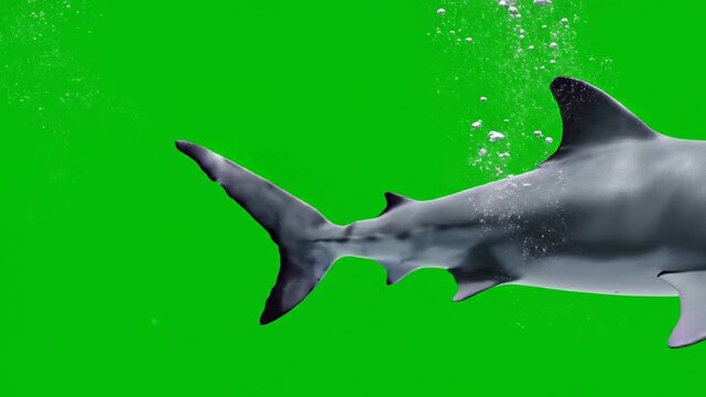 The 3d shark model swims through a green background with sleek and detailed animation and there are bubbles like in the sea