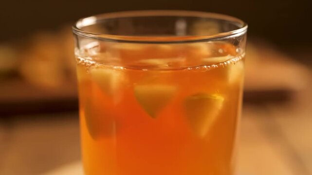 Close-up of refreshing cold fruit drink with apple chunks in a glass. vibrant homemade iced tea, cider, or punch on a moody background.