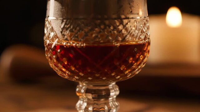 Close up of rich amber whiskey or brandy in a detailed crystal glass, set against a blurred background with warm candlelight, creating a moody and luxurious atmosphere for tasting spirits.