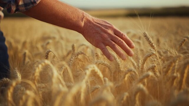Farmer hand touching golden wheat field during Baisakhi festival