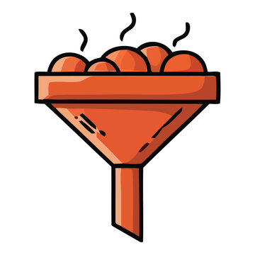 Orange funnel with steaming balls on white background, food processing