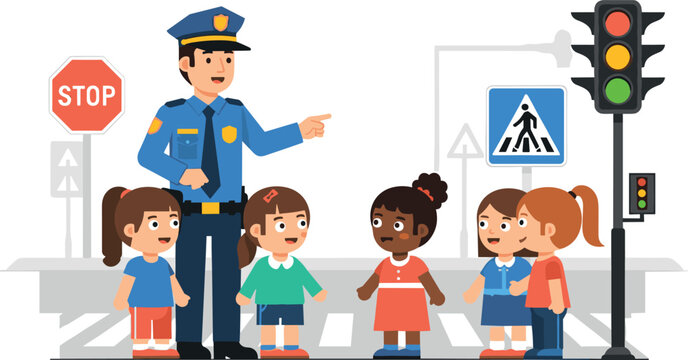 Police Officer Teaching Kids Road Safety with Traffic Signals and Stop Sign for Pedestrian Safety Awareness and Education Illustration.