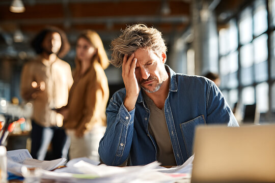 Stressed professional at cluttered office desk holding head in hand amid laptop and papers &mdash; workplace burnout and overwhelm in a modern openplan workspace