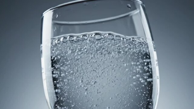 Close-up of clear water or sparkling soda being poured into a transparent glass, creating effervescent bubbles and splash action against a clean studio background.