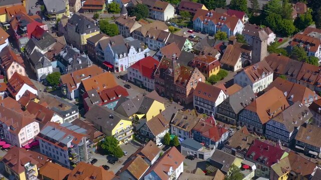 Aerial view around the old town of the city  in Zell, 77736 am Hamersbach on a sunny spring noon in Germany, Baden-W&uuml;rttemberg