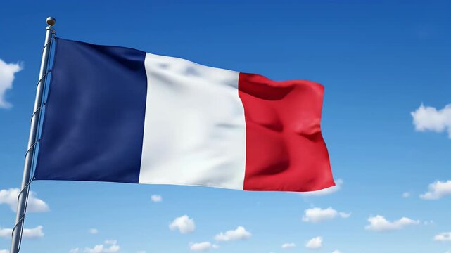 The French flag waves proudly against a bright blue sky dotted with fluffy white clouds, symbolizing national pride and heritage.