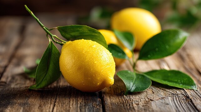 shallow. Fresh lemon with green leaves on a rustic wooden surface, softly lit from the side. menu design, packaging mockups, designed for food delivery and cloud-kitchen brand materials.