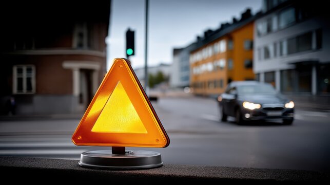 A reflective orange warning triangle sits on a roadside railing with a blurred car and urban buildings in the background during daylight.