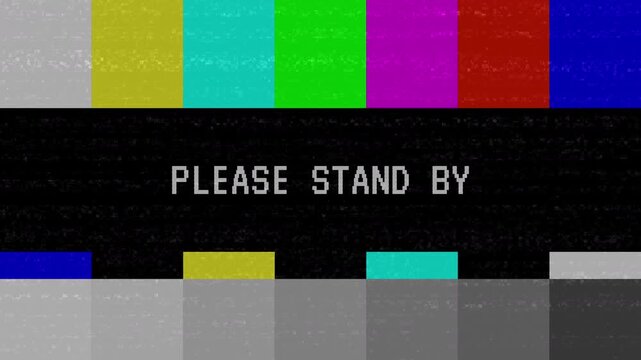 Please stand by text with color pattern. Horizontal static noise and glitch effect 4K animation video