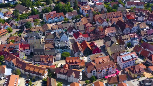 Aerial view around the old town of the city  in Zell, 77736 am Hamersbach on a sunny spring noon in Germany, Baden-W&uuml;rttemberg