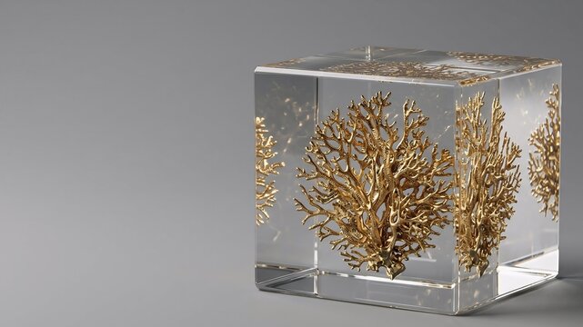 透明なクリスタルブロックの中に閉じ込められた黄金のサンゴ / Golden coral structure encased in a solid crystal block