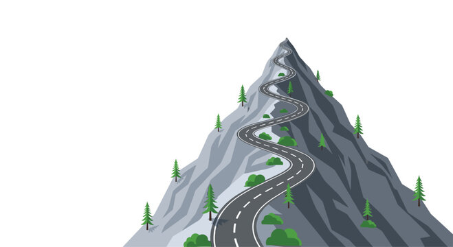 A narrow black asphalt road winds its way up a steep and jagged grey mountain peak decorated with scattered green pine trees and small bushes.