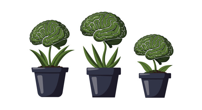 Three distinct human brains grow like organic plants from dark grey ceramic pots featuring vibrant green leaves against a plain white background.