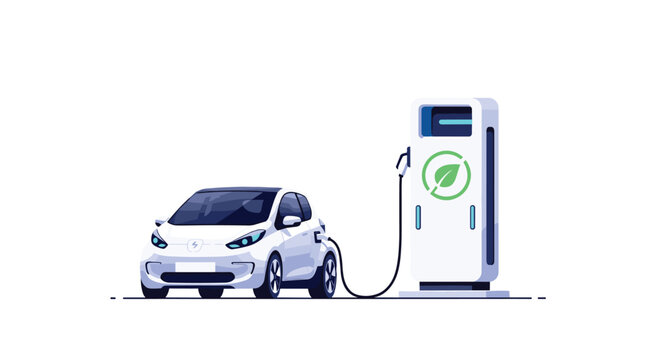 A modern white electric vehicle remains stationary while connected to a sleek charging station featuring a prominent green leaf emblem on a white background.