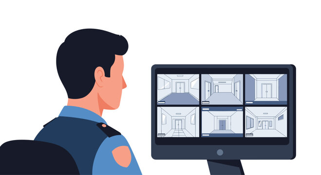 A professional security officer in a blue uniform sits attentively while monitoring multiple surveillance camera feeds on a large computer screen in a bright room.