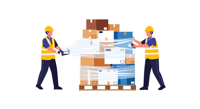 Two professional warehouse workers wearing yellow safety vests and hard hats wrap a large pallet of stacked cardboard boxes with clear plastic stretch film.